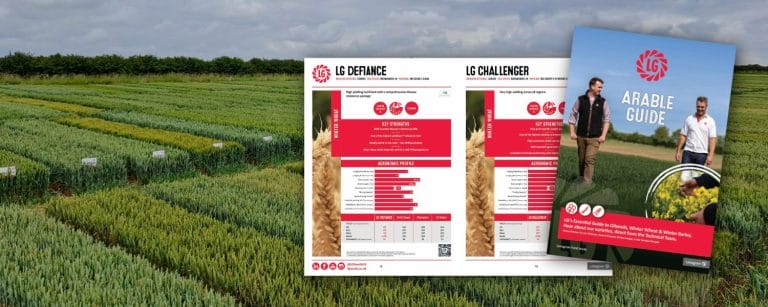 Front cover and inside pages of the 2026 LG Arable Guide displayed over a crop field, showing product information and imagery of people walking through a field.